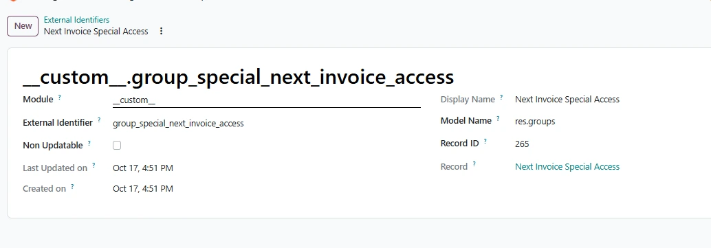 odoo external identifier Empty External Identifiers form with custom as the default module