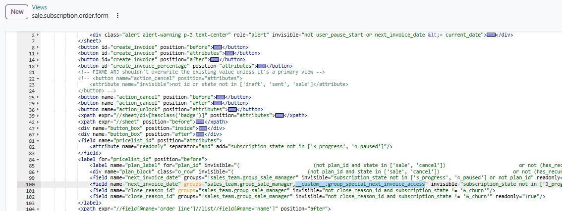 odoo form vie Form view architecture referencing the custom security group