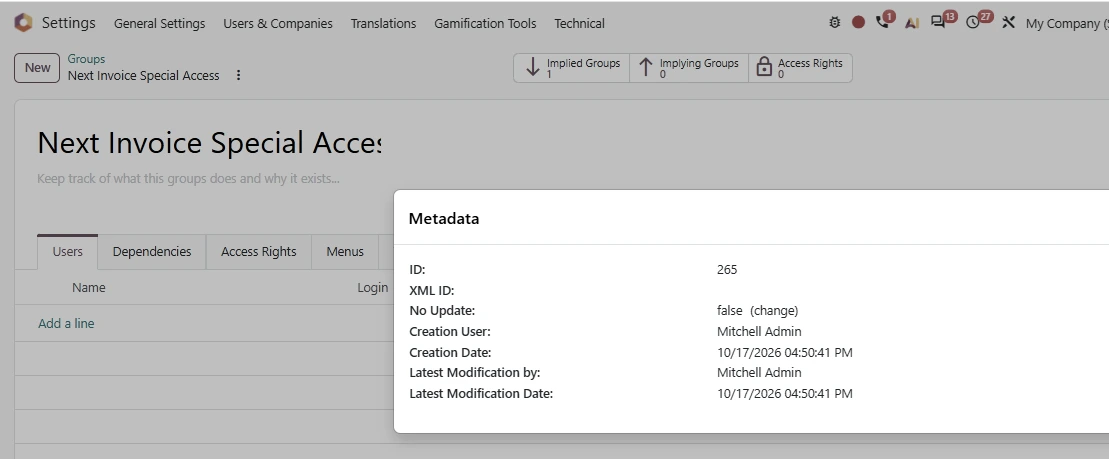 Odoo metadata XML ID Odoo metadata dialog showing record ID 265 and an empty XML ID